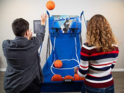 Hathaway Hoops Dual Basketball Arcade Game with Electronic Digital Scoring and Timer, Easy Folding for Storage, 7 Balls and 2 Nets Blue