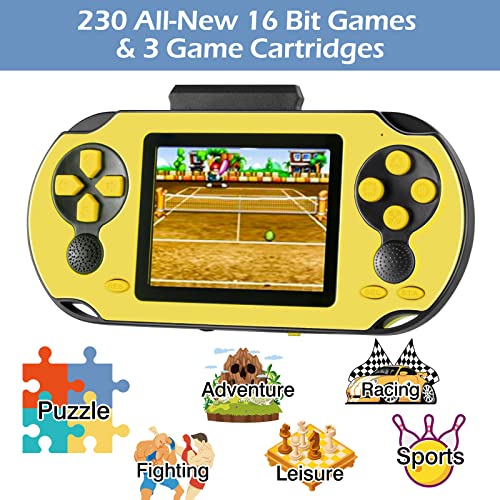 TaddToy 16 Bit Handheld Game for Kids Adults, 3.0'' Large Screen Preloaded 230 HD Classic Retro Video Games with USB Rechargeable Battery & 3 Game Cartridges for Birthday Gift for Kids 4-12 (Yellow) - color: Yellow