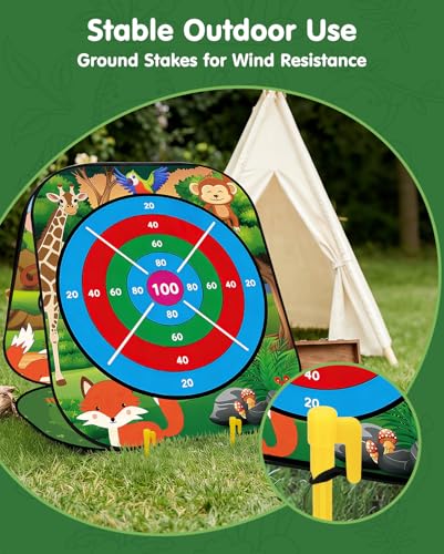 5-in-1 Bean Bag Toss Game for Kids Ages 3-8, Outdoor Cornhole Set with 3 Interchangeable Boards (Toss/Dart/Tic-Tac-Toe), Includes 8 Beanbags 6 Balls/Darts/Rings, Backyard Toys for Boys - style: Animal