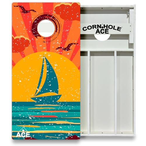 CornholeAce Beach Series All Weather Pro Cornhole Board Set - Waterproof 4x2 Regulation Size, Made in USA, Triple Wide Legs, 3/4" PVC, Official Tournament Boards, Rainproof & Outdoor Ready (2 Boards) - color: Sailboat