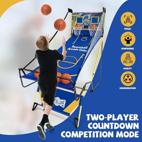 Arcade Basketball Game,Foldable Indoor Dual Basketball Scoring System with Sound Effects,Pump and Dual HoopsGame Modes for Family Game