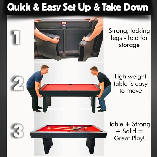 Freetime Fun 6 FT Pool Table, No Assembly, Portable, Includes Billiard Tables Accessories- 2 Pool Cues, Set of Balls, Triangle, Pool Table Brush, Chalk - color: Red Felt