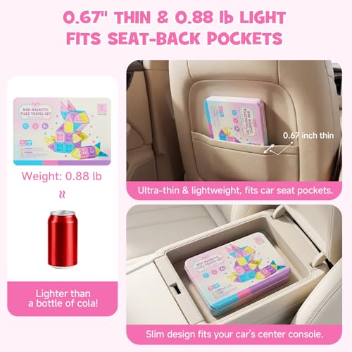 burgkidz Travel Magnetic Tiles for Girls : 40 PCS Macaron Mini Magnet Blocks with Pink Tin Box - 120 Mins Quiet Play for Airplane Car Essentials, Present for Girls Ages 3-8 Year Old