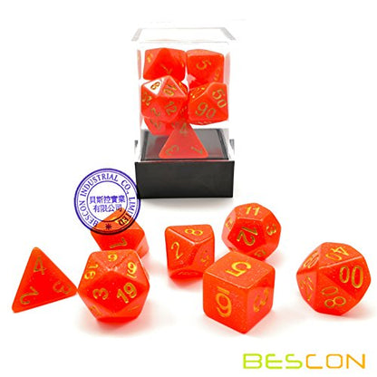 Bescon Intensive Glitter DND Dice 7pcs Set Royal RED, New Glitter RPG Dice Set d4 d6 d8 d10 d12 d20 d%, Brick Box Packaging - color: Royal Red Set