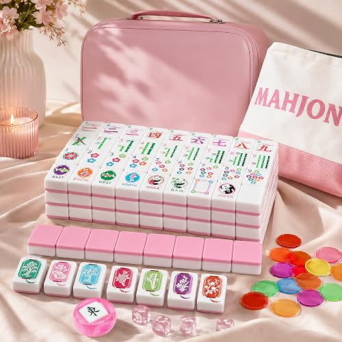 KOLIN American Mahjong Tile Set, 160 Engraved Melamine Mah Jongg Tiles, Pink Back 1.2 Inch Numbered Tiles with Carrying Case, Shuffler, Bag, Dice, Bettor & Chips, No Racks Included