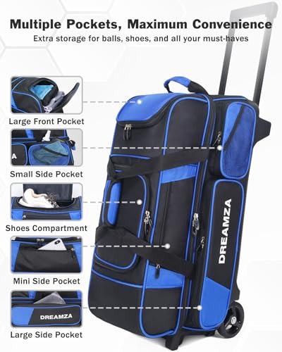 3 Ball Bowling Bags with Wheels & Shoe Pocket, Premium Bowling Ball Bag 3 Ball Roller, Effortless-Rolling 3 Ball Bowling Bag w/Multi-Storage Pockets & Telescopic Handle Extends to 40'' - color: Blue
