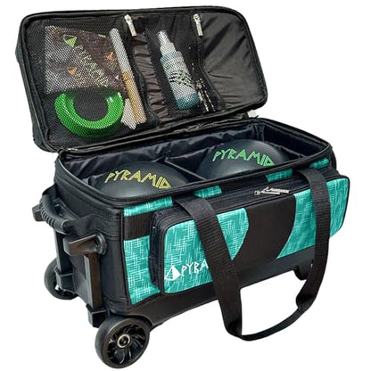 Pyramid Deluxe Double Roller 2 Ball Bowling Bag with Large Separate Shoe Compartment (Up To 2 Pairs Of Shoes) and Accessory Pockets, Sturdy Square Handle - Extends to 40" - Pro Options Available - color: Pro Black/Circuit Teal