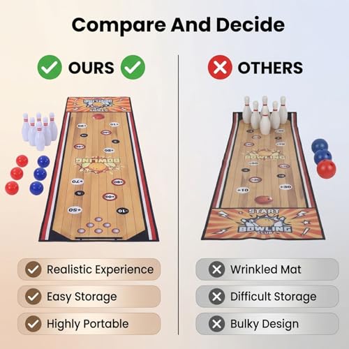 RiToEasysports Indoor Bowling Set, Tabletop Bowling Game with 6 Pins and 6 Balls, No Tools Assembly Required, Foldable Mat for Family Game Nights and Parties, 39.37x11.42in