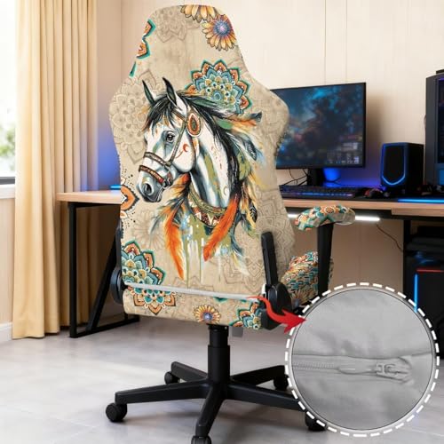 Horse Print Gaming Chair Covers Boho Mandala Flower Print Gamer Chair Cover Set with 2 Armrest Covers for Swivel Rotating Chairs, Machine Washable - color: Brown - Horse Boho Mandala Flower