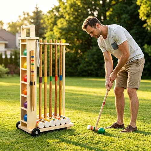 6 Player Croquet Set for Adults with Wooden Stand - 28 Inch Professional Outdoor Lawn Game Includes 6 Rubberwood Mallets & Balls, Steel Wickets - Backyard, Garden, Park Games