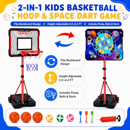 2-in-1 Kids Basketball Hoop with Flip Backboard & Space Target Game, Height Adjustable 3.5-6.2 FT for Ages 3-8, Indoor & Outdoor Play Set with Pump, Mini Basketballs, Sticky Target Balls & Soft Darts