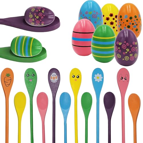 Painted Easter Egg and Spoon Race Game Set, Family Game for Kids & Family Activity Holiday Outdoor Yard Easter Egg Hunt Birthday Party Front Lawn - style: 12 Players