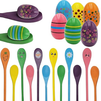 Painted Easter Egg and Spoon Race Game Set, Family Game for Kids & Family Activity Holiday Outdoor Yard Easter Egg Hunt Birthday Party Front Lawn - style: 24 Players