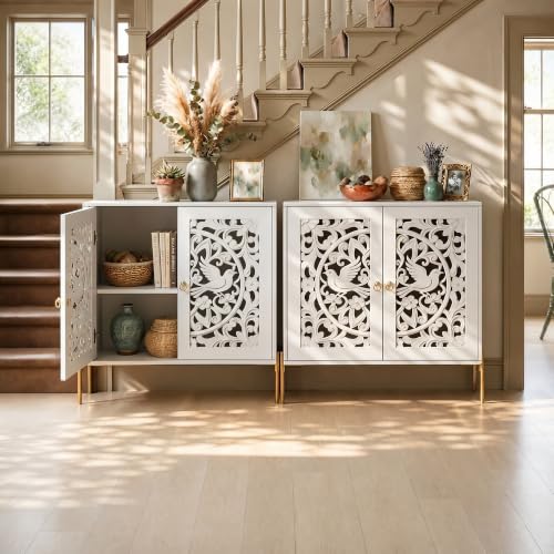 DHZ Accent Cabinet with Doors, Hollow-Carved Pattern Buffet Cabinet with Storage, Freestanding Sideboard Cabinet for Living Room Dining Room Entryway