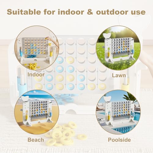 4-to-Score Giant Game Set, 4-in-1 Indoor Outdoor Yard Family Connect Game (4-in-a-Row + Basketball + Ring Toss + Mini Golf), Height Adjustable 2.5–3.3FT, Includes Carry Bag - size: 56"x19"x49"-White&Gray