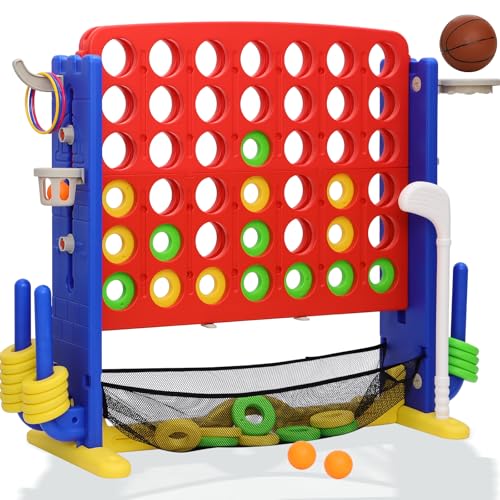 Giant 4 in A Row Game, Height Adjust Jumbo Yard Game Set for Kids & Adults with Mesh Catching Bag, Golf, Basketball Hoop & Ring Toss, 4-to-Score Connect Games for Indoor/Outdoor Fun - color: Red Blue
