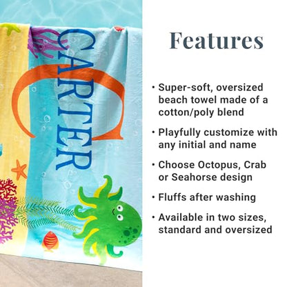 Let's Make Memories Personalized Kids Beach Towel - Custom Pool Towel - Monogram & Name with Fun Beach Designs - Soft Cotton/Poly Blend - 70"x35" - Oversized - Crab - color: Name + Initial - Crab, size: Oversized