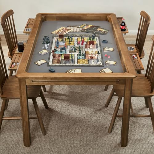 Board Game Table with Removable Table Top, Seats 4 to 6 Players with 57in x 33in Play Area, Includes Play Mat, Detachable Cup Holders and Dice Trays, Minimal Assembly Required - color: Warm Walnut