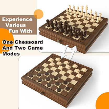 Premium Natural Walnut 13" x 13" Magnetic Wooden Chess Set with 1 Built-in Storage Drawers - 2 Bonus Extra Queens - 24 Checkers Pieces - Staunton Chess Pieces, Board Games Chess Sets - color: Brown