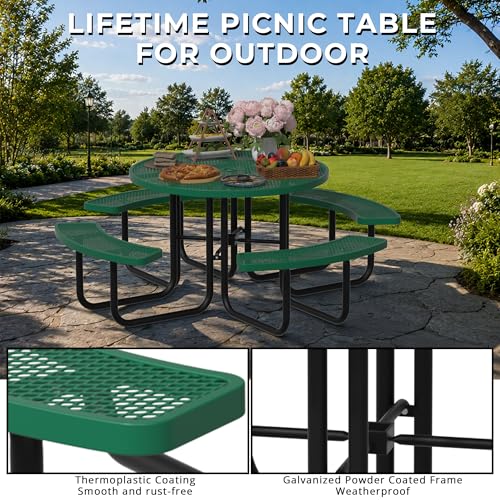 All-Weather Round Outdoor Picnic Table, Commercial Picnic Table Bench Set with Umbrella Hole, Thermoplastic Coated Metal Dining Tables for School, Stores, Park, Patio, Yard, Green - color: Green
