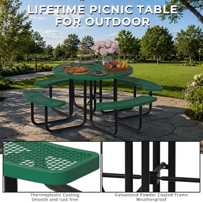All-Weather Round Outdoor Picnic Table, Commercial Picnic Table Bench Set with Umbrella Hole, Thermoplastic Coated Metal Dining Tables for School, Stores, Park, Patio, Yard, Green - color: Green