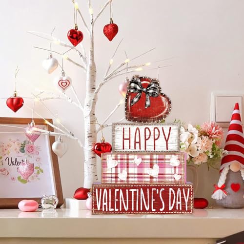 DIYDEC 4Pcs Valentine's Day Table Decoration Valentine Heart Wooden Block Signs Rustic Valentines Tiered Tray Decor Happy Valentine's Day Centerpiece Sign for Farmhouse Holiday Tabletop Party Decor - style: Valentine Heart