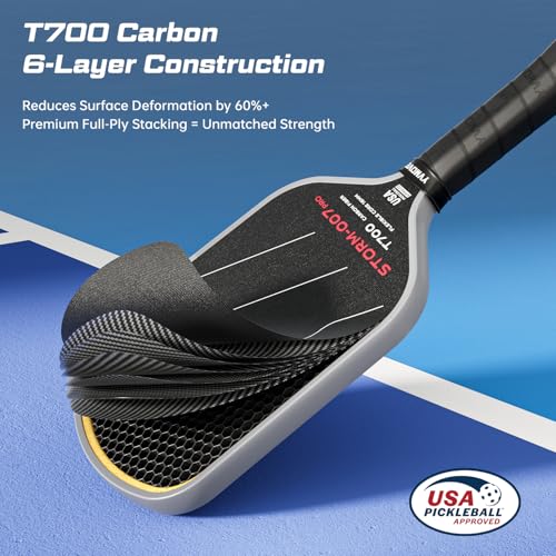 YVmove USAPA Approved Raw Carbon Fiber Pickleball Paddle, 16mm Thermoformed Pickleball Racket with High Spin & Extended Grip, Professional Pickleball Paddle for Control and Power - color: Classic Black