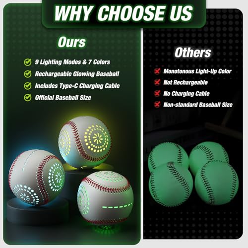 HYES Light up Baseball with LED Rechargeable, 9 Lighting Modes Glow in The Dark Baseball Gifts for Boys 8-12, Official Size Leather Weighted Balls for Day Night Indoor Outdoor Sport Game - size: led baseball- without glove