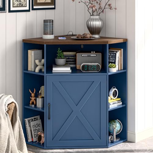 Vabches Corner Cabinet, Corner Storage Shelf with USB Ports and Outlets Industrial Organizer for Small Space Wooden 6-Cubby Bookshelf for Study, Playroom, Living Room (Blue and Brown) - color: Blue and Brown