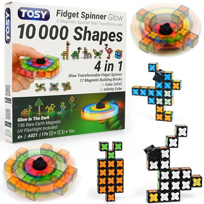 TOSY Magnet Fidget Spinner Glow - 16 Blocks, 3in1 Toy: Transformable Fidget Spinner, Infinity/Puzzle Cube, Easter Basket Stuffers Gift for Kids/Adults, Glowing STEM Sensory Stress Relief - color: Glow B