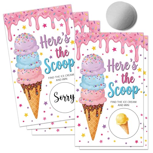 50 Pcs Here's The Scoop Summer Themed Scratch off Game Cards, Ice Cream Scratch Card for Baby Shower Sweet Birthday Party, Gender Reveal Shower Lottery Activity Group Games - color: Pink Purple