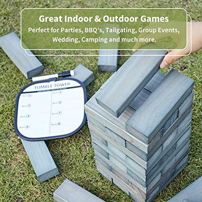 ApudArmis Giant Tumble Tower Stack to Over 5Ft, 60 PCS Pine Wooden Stacking Timber Game with 1 Dice Set - Classic Block Giant Outdoor Game (7.48 * 2.48 * 1.5 in Each Block, Gray) - color: Gray