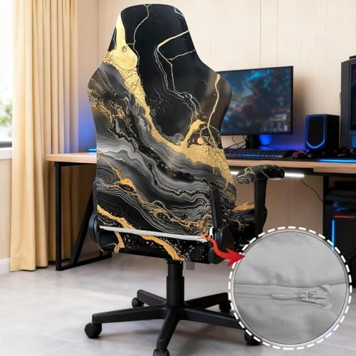 Suobstales Black Golden Marble Pattern Gaming Chair Cover with Armrest Covers, Stretchable Gaming Computer Office Chair Seat Cover Slipcovers with Zipper Universal Ergonomic Rotating Armchair Covers - color: Black Golden Marble