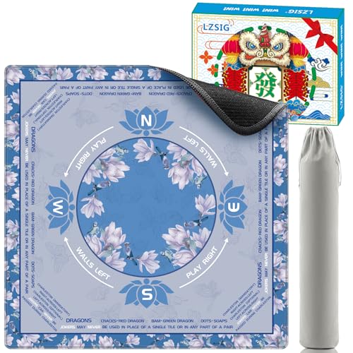 LZSIG Blue Foral Mahjong Mat for Table with Printed Rules, 33×33 Inches | Anti-Slip, Waterproof, Noise-Reducing Table Cover for American Mahjong, Poker, Board Games , Dominoes, and Card Games - color: Blue-3