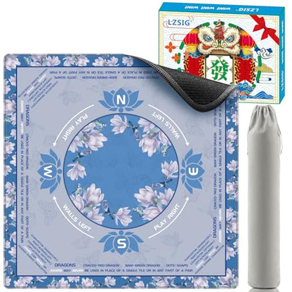 LZSIG Blue Foral Mahjong Mat for Table with Printed Rules, 33×33 Inches | Anti-Slip, Waterproof, Noise-Reducing Table Cover for American Mahjong, Poker, Board Games , Dominoes, and Card Games - color: Blue-3