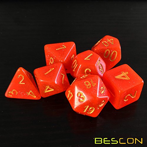 Bescon Intensive Glitter DND Dice 7pcs Set Royal RED, New Glitter RPG Dice Set d4 d6 d8 d10 d12 d20 d%, Brick Box Packaging - color: Royal Red Set