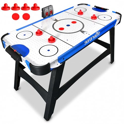 SereneLife 58in Powered Air Hockey Table Upgraded 700mA 12v 2X Powerful Motor, 4 Player 4 Pucks 2 Pushers, Full-Size Arcade Style, Inline Power Switch and Battery Free Digital LED Score Board - color: Legacy Blue