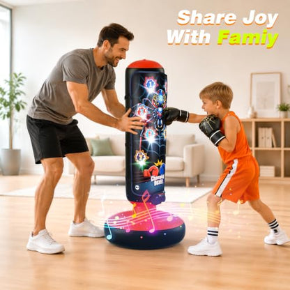 Kids Inflatable Punching Bag with Electronic Score Counter Music Lights 4 Game Modes, Complete Boxing Set with Gloves Air Pump, Indoor Outdoor Martial Arts Toy Gift for Boys Girls 4-12