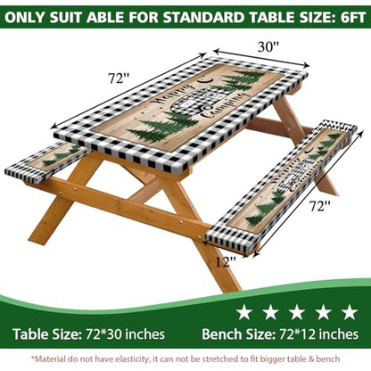3PCS Picnic Table Cover with Bench Covers Elastic Edges, Farm Plaid Camping RV Waterproof Windproof Tablecloth with Drawstring Bag, Outdoor Patio Camping Essentials, 72in, Black White - color: Camping, size: 30X72inch
