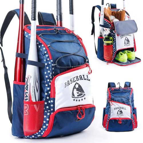 Baseball Bag for Youth & Adult with 4 Bat Sleeves - Softball Bat Bag with Shoe Compartment - Baseball Backpack for T-Ball, Softball Equipment, Baseball Gear, Baseball Bags for Boys 8-12 - color: Navy, size: Large