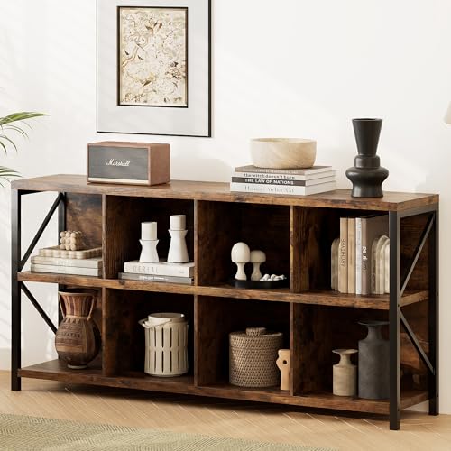 8 Cube Storage Organizer Bookshelf, Industrial Horizontal Bookcase, Accent Cubby Shelf, Media Console Table for Living Room, Home Office, 13.6" D x 63" W x 30.9" H, Rustic Brown - color: Rustic Brown, size: 8 Cube- 2 Tier