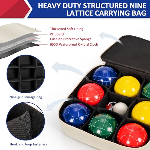 ropoda 107mm Bocce Ball Set Regulation Size and Weight with 8 Resin Bocce Balls, Resin Bocci Balls for Professional Tournament Competition, 60mm Pallino, Nine-Grid Shockproof Carrying Bag(2-8 Players) - size: 107mm