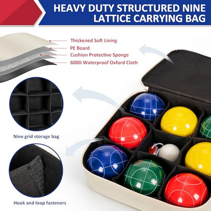 ropoda 107mm Bocce Ball Set Regulation Size and Weight with 8 Resin Bocce Balls, Resin Bocci Balls for Professional Tournament Competition, 60mm Pallino, Nine-Grid Shockproof Carrying Bag(2-8 Players) - size: 107mm