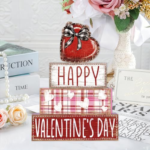 DIYDEC 4Pcs Valentine's Day Table Decoration Valentine Heart Wooden Block Signs Rustic Valentines Tiered Tray Decor Happy Valentine's Day Centerpiece Sign for Farmhouse Holiday Tabletop Party Decor - style: Valentine Heart