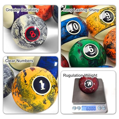 Marble Swirl Style Pool Balls Set Professional 2 1/4-Inch Billiard Balls for Pool Table Complete 16-Piece Regulation Pool Ball Set