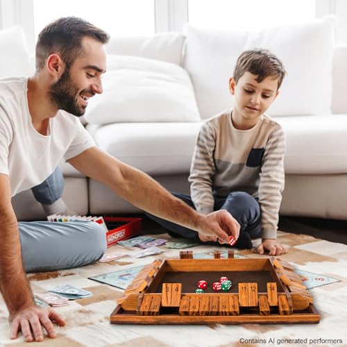 Upgraded 16.54’’ Shut The Box Dice Game with 15 Numbers for 1-4 Players, Large Wooden Board Math Game 16 Dices, Tabletop Games Kids Adults Family Party Birthday - color: 16.5 In-brown