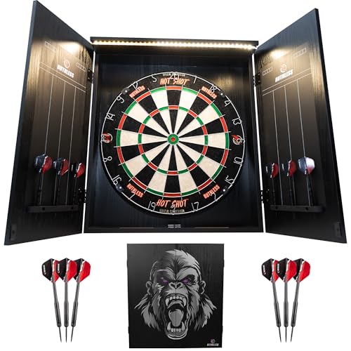 Ruthless Home Darts Centre with or Without LED Light Options | Home Dart Board Centre Including Cabinet, Dartboard and 2 Sets of Darts. - style: Gorilla + LED Light