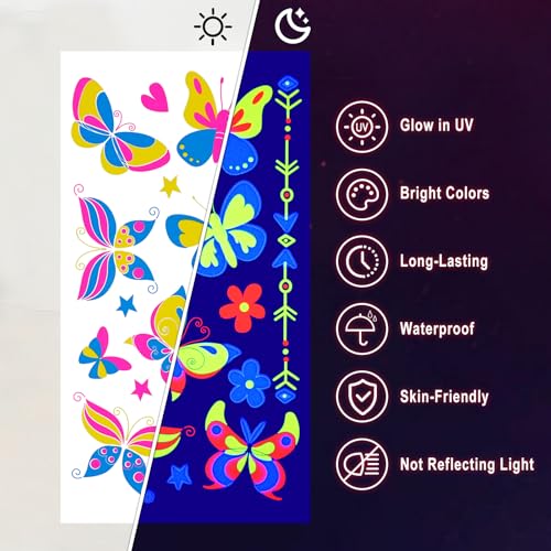 Ozepao 20 Sheets Glow in The Black Light Temporary Tattoos, Glow Party Supplies for Adults and Kids, 160+ Neon UV Glow Fluorescent Designs, Perfect for Neon Raves, Festivals, Birthday Parties and More