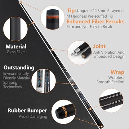 Pool Cue Stick with Case, 12.8mm Glass Fiber Pool Cue Stick, Pool Cue Kit, 58" Professional Pool Cue Set with Gloves, Aerator, 19 Oz - color: Black Rectangle