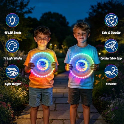 Wee Wonders 2 Pack Light Up Flying Discs for Kids Adults, Rechargeable 10" Disc with 45 LEDs, 14 Lighting Modes, Glow in The Dark Flying Ring for Beach Camping Outdoor Sport Game - size: 2PCS: 10in + 10"
